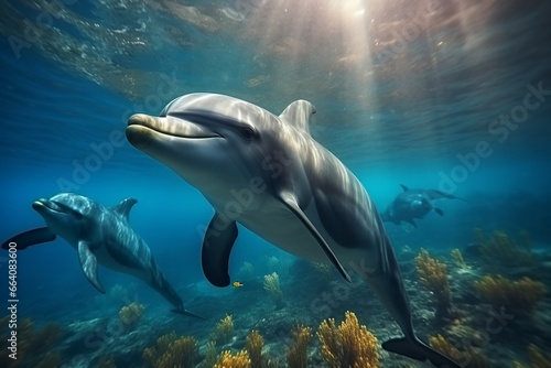 Dolphin underwater. Background with selective focus and copy space