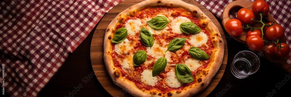 Italian Margherita pizza, freshly baked, basil leaves crisply detailed, cheese bubbling, positioned on a wooden board, red - checkered tablecloth