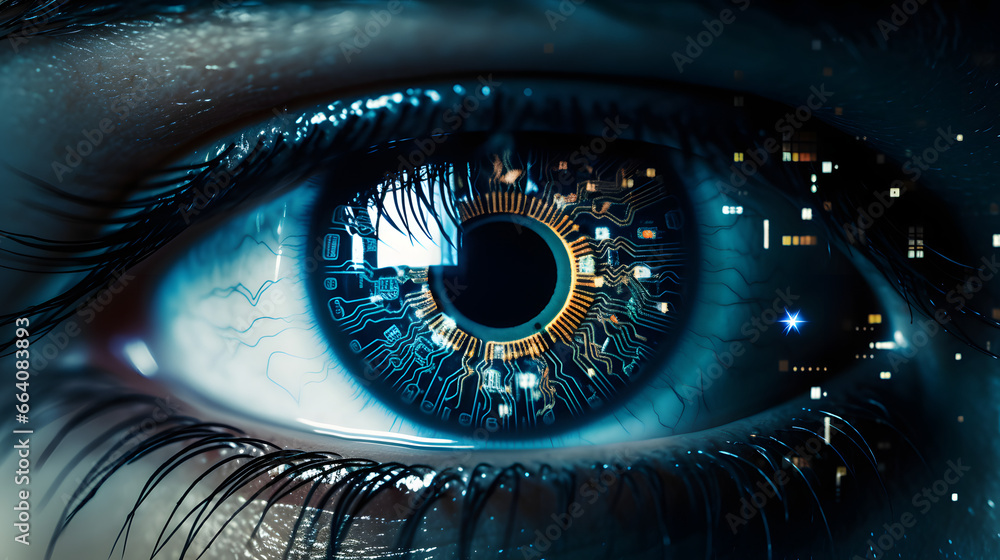 Eye reflecting neural matrix, symbolizing human-machine synergy