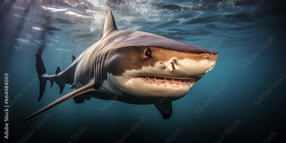 Fototapeta premium Bull Shark, in murky river water, ominous and menacing, close - up of face and gills
