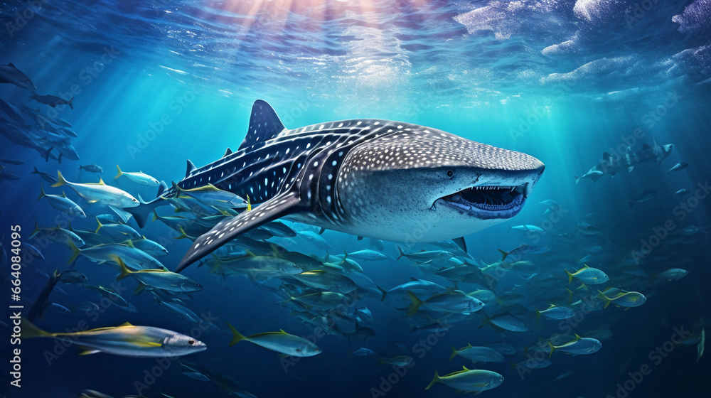 Whale Shark, gently gliding, surrounded by a school of smaller fish, vibrant underwater colors, natural light rays filtering Whale Shark, gently gliding, surrounded by a school of smaller fish, vibrant underwater colors, natural light rays filtering
