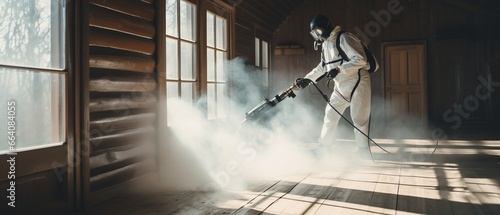 A man in a white disinfection suit sprays steam on a wooden floor in a bright room to kill bedbugs