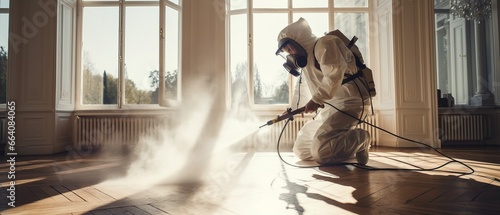 A man in a white disinfection suit sprays steam on a wooden floor in a bright room to kill bedbugs photo