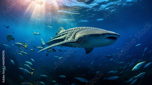 Whale Shark, gently gliding, surrounded by a school of smaller fish, vibrant underwater colors, natural light rays filtering
