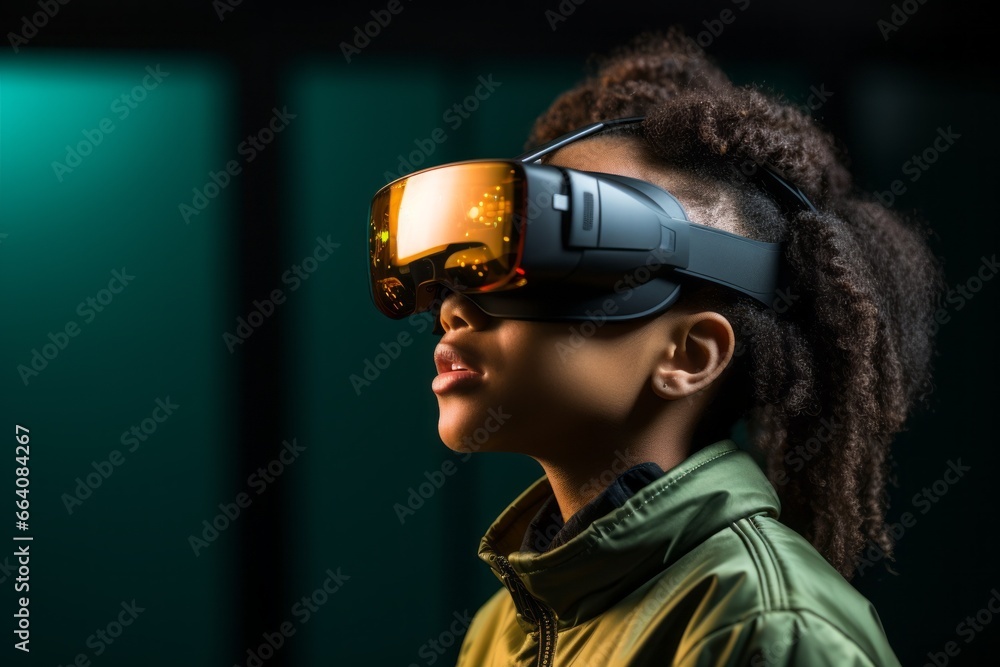 Portrait of a child wearing virtual or augmented reality glasses. Kid in VR mask, modern technology concept Portrait of a child wearing virtual or augmented reality glasses. Kid in VR mask, modern technology concept