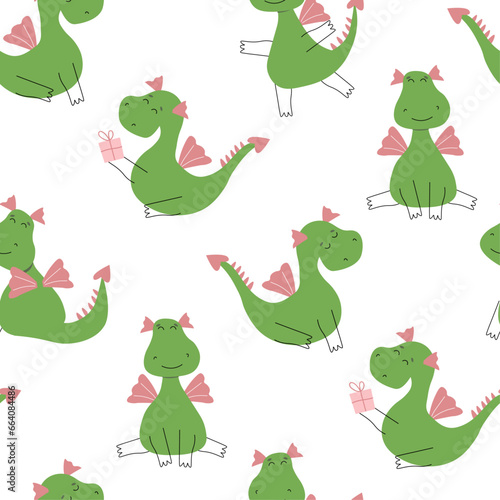Seamless pattern with mutant cute dragons with wings. Abstract fantasy animals in different poses. Vector graphics.