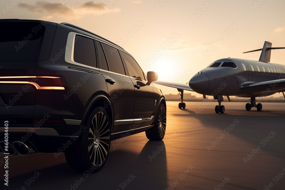 An upscale SUV resembles a private jet with a red carpet beside it. Generative AI - obrazy, fototapety, plakaty 