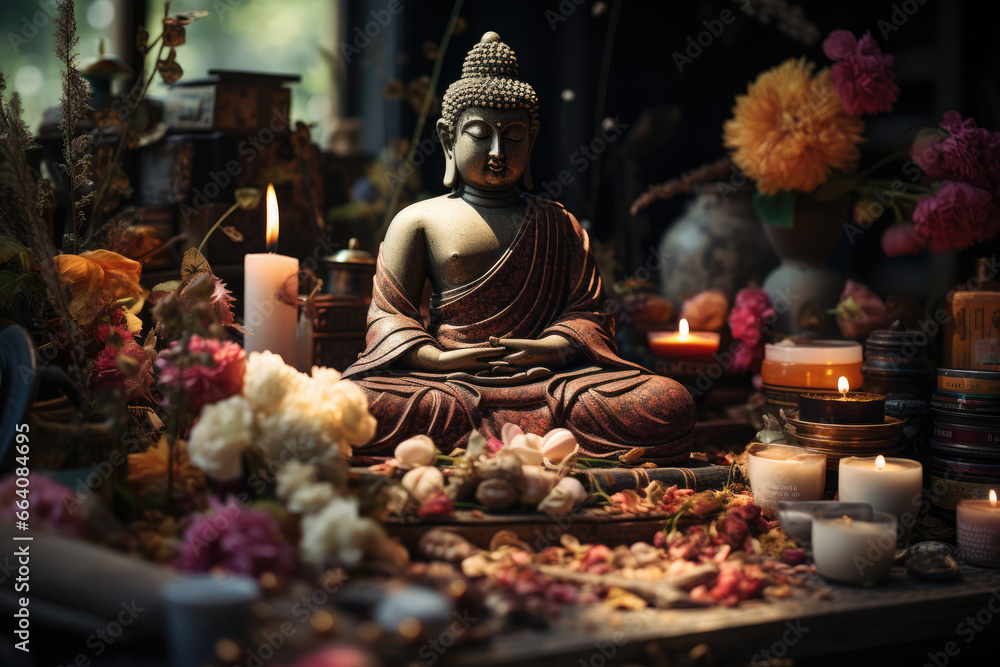 A Bodhi Day altar with offerings of incense, flowers, and fruits, set up to pay respects to the Buddha. Generative Ai.