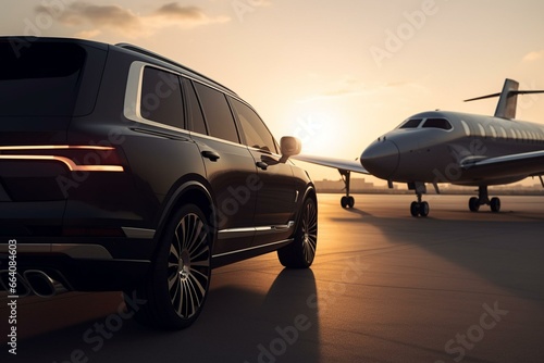 An upscale SUV resembles a private jet with a red carpet beside it. Generative AI