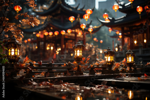 A Buddhist temple adorned with colorful lanterns and decorations in preparation for Bodhi Day festivities. Generative Ai.