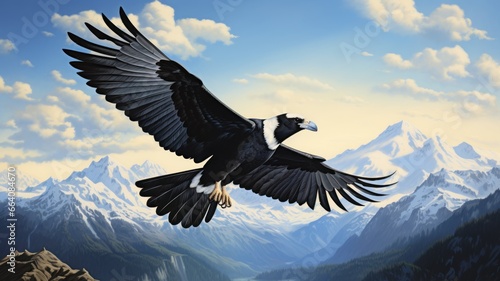 Graceful magpie in flight against mountainous horizon. Beauty of wild landscapes and majesty of birds. Ornithology, birdwatching. For cover design, stationery, journal, presentation, banner, poster.