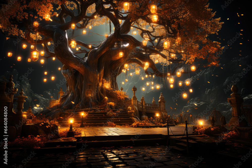 A Bodhi tree illuminated by lanterns at night, creating a magical and sacred ambiance. Generative Ai.