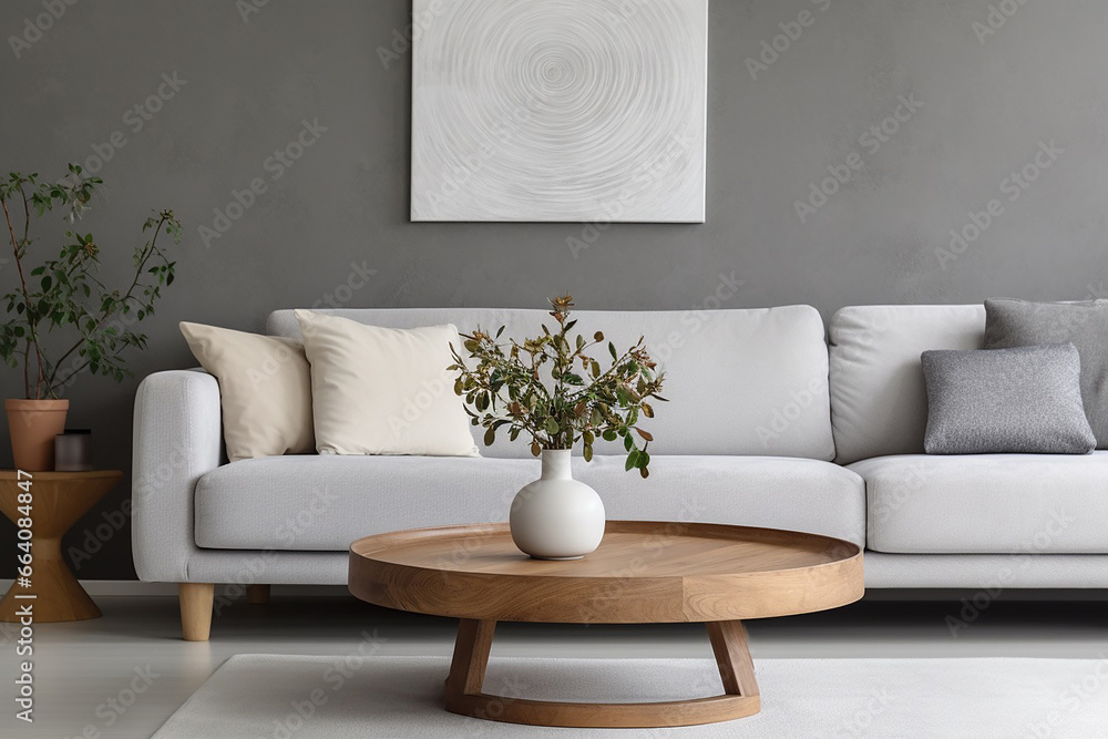 Scandinavian Living Room: Rustic Round Coffee Table Near White Sofa Scandinavian Living Room: Rustic Round Coffee Table Near White Sofa