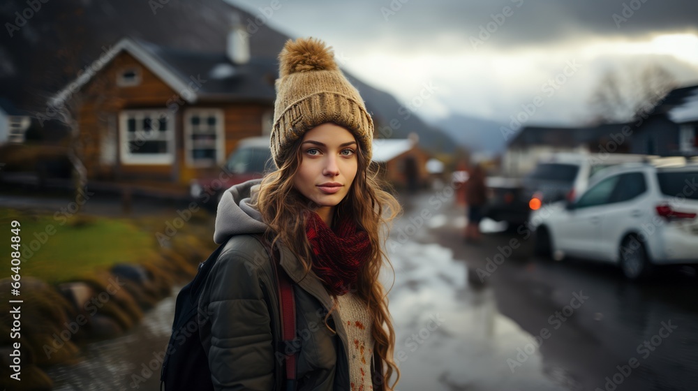 travel woman with backpack in autumn winter travel woman with backpack in autumn winter