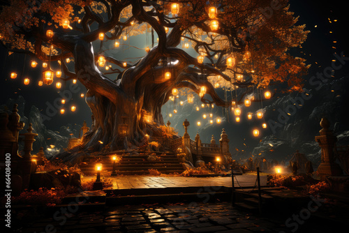 A Bodhi tree illuminated by lanterns at night, creating a magical and sacred ambiance. Generative Ai. © Sebastian