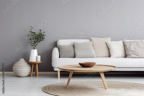 Scandinavian Living Room: Rustic Round Coffee Table Near White Sofa © borisk.photos
