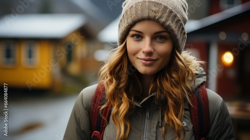 travel woman with backpack in autumn winter