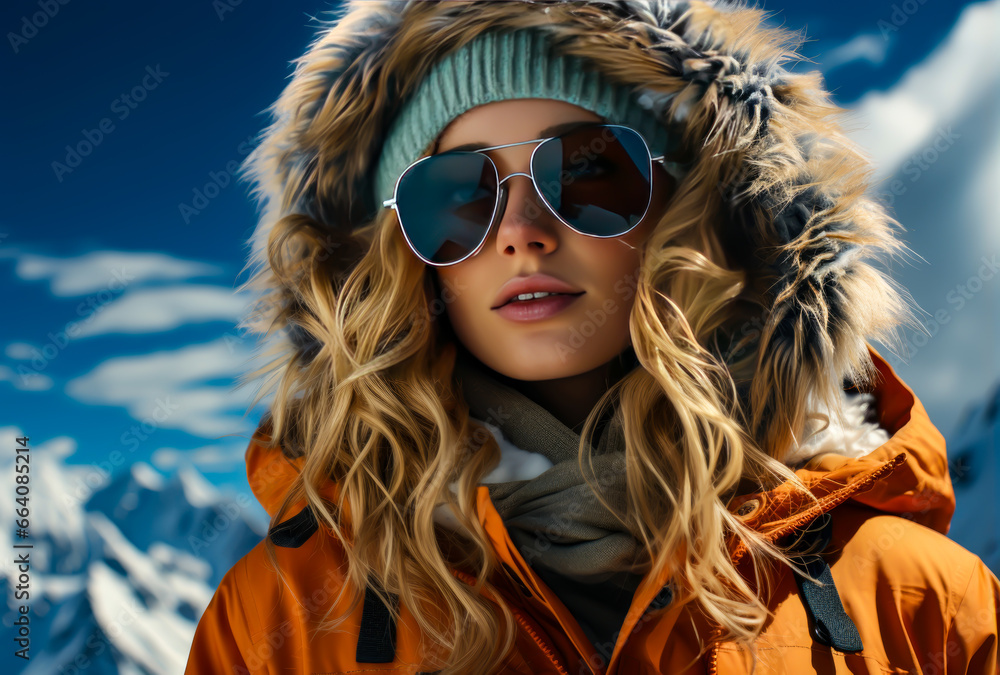 a warm portrait woman with orange cap and coat in the snow a warm portrait woman with orange cap and coat in the snow