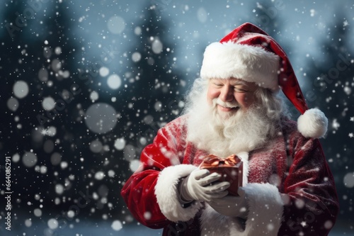 Santa Claus in a Christmas hat holds a gift in his hands, smiling happily. Snow falling blurry background. With copy space. Christmas mood. Happy New Year. Postcard, banner poster, advertising. Merry © Jafree