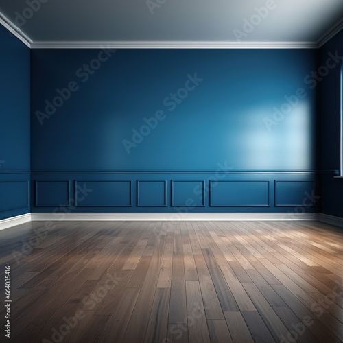 Blue empty modern room with wooden floor and blue wall, Ai Generated © Mediapro