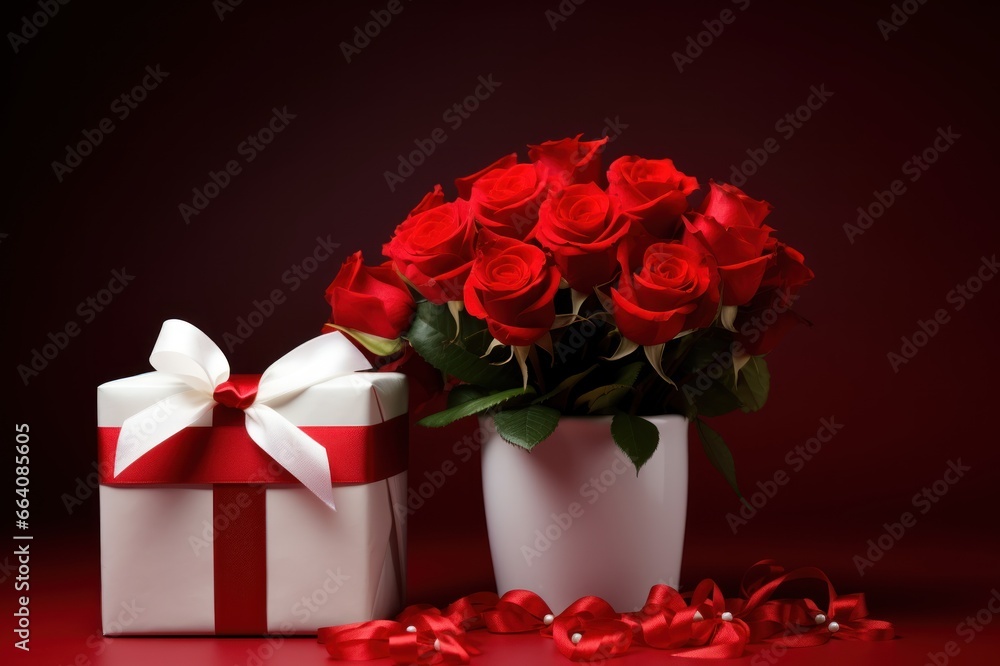 White gift box with ribbon, bow and bouquet of red roses. On dark red background. With copy space for text. Mockup, template for greeting card, poster, banner. Valentine's Day. Love Day. Birthday White gift box with ribbon, bow and bouquet of red roses. On dark red background. With copy space for text. Mockup, template for greeting card, poster, banner. Valentine's Day. Love Day. Birthday