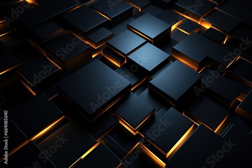 Abstract black and gold background with glowing cubes. 3d render illustration, AI Generated photo