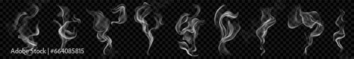 Set of several realistic transparent gray smokes or steam. For use on dark background. Transparency only in vector format