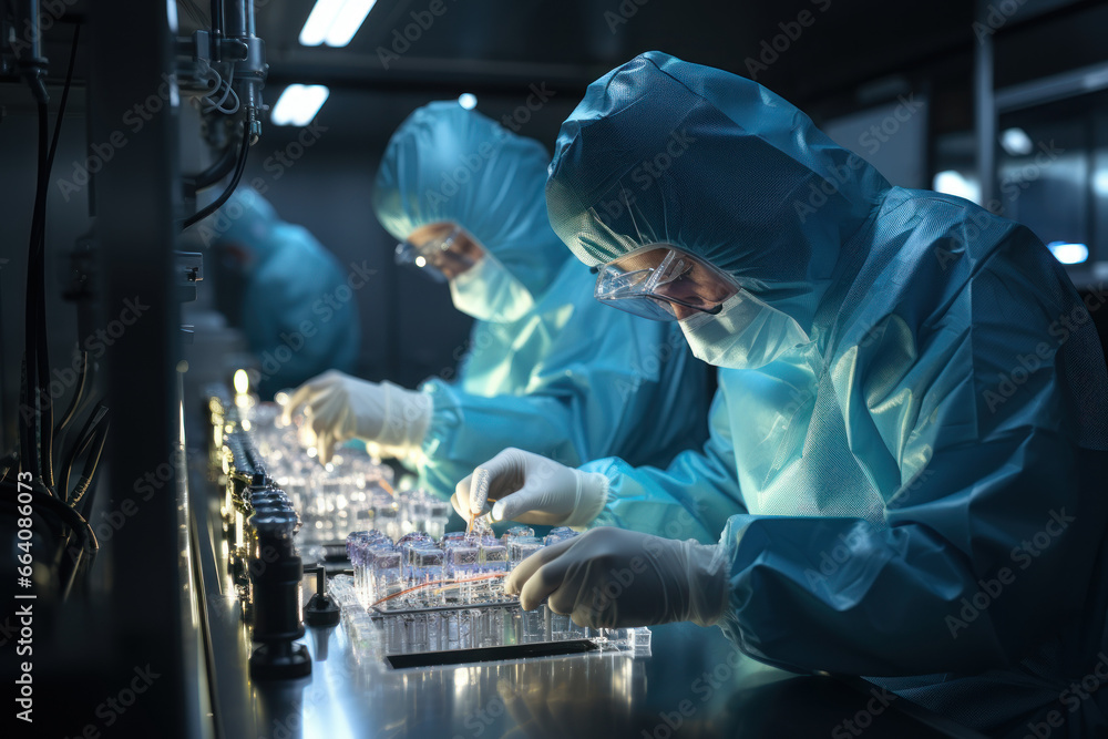 Biotechnicians conducting experiments in a sterile cleanroom to ensure