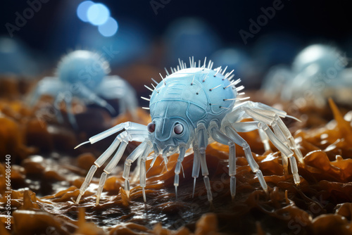 Microscopic dust mites dwelling in household environments, shedding light on unseen inhabitants. Concept of allergen research and indoor ecology. Generative Ai.