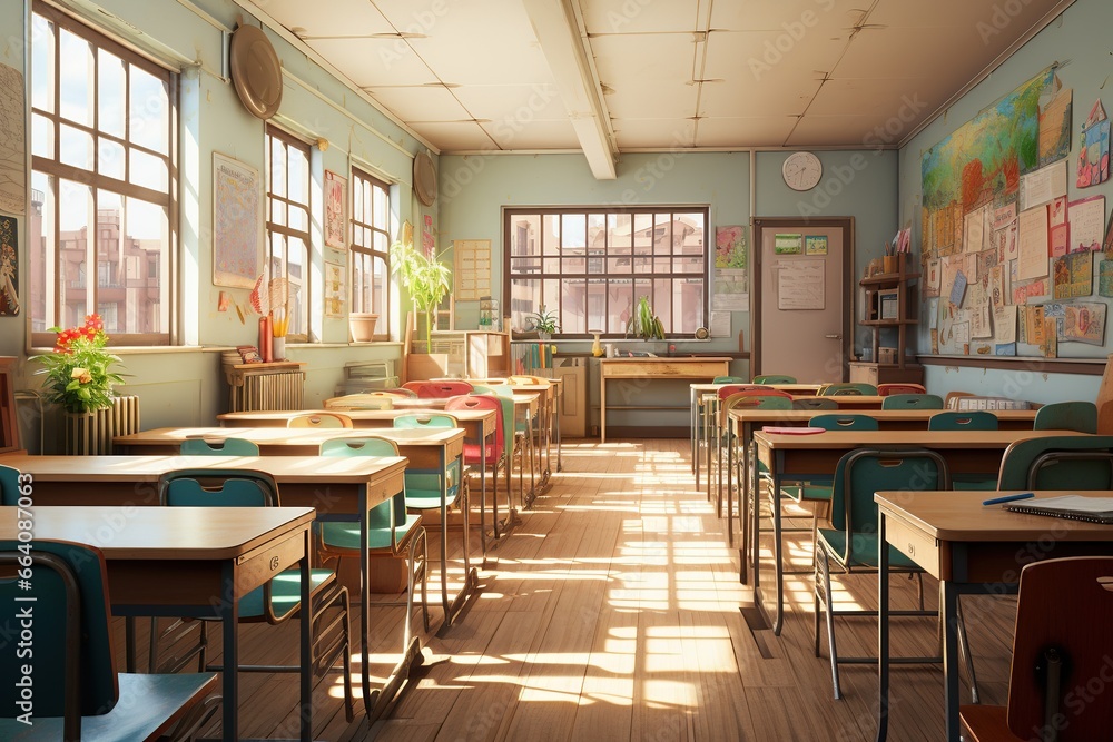 Interior of a school classroom. 3D render, Vintage style, Ai Generated