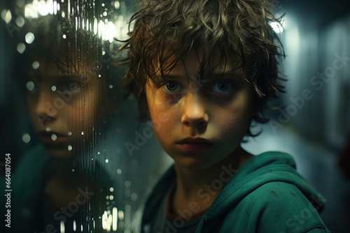 A young boy looking in the mirror, struggling with body image issues and self-acceptance. Concept of body dysmorphic disorder in children. Generative Ai. photo