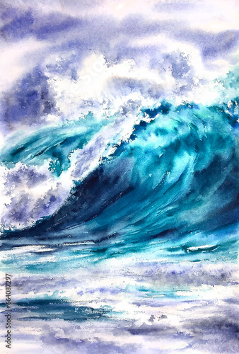 Fototapeta Naklejka Na Ścianę i Meble -  Sea storm wave watercolor illustration seascape background