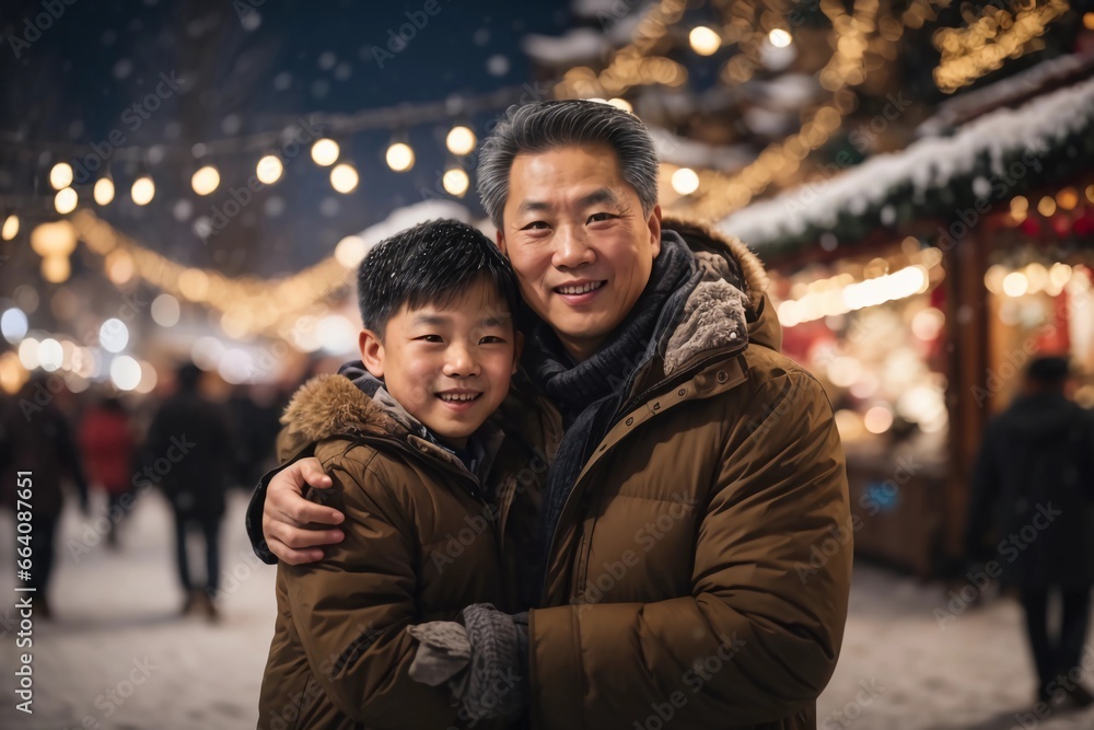 Happy Asian family, father and son at Christmas market, bokeh lights in the background Happy Asian family, father and son at Christmas market, bokeh lights in the background