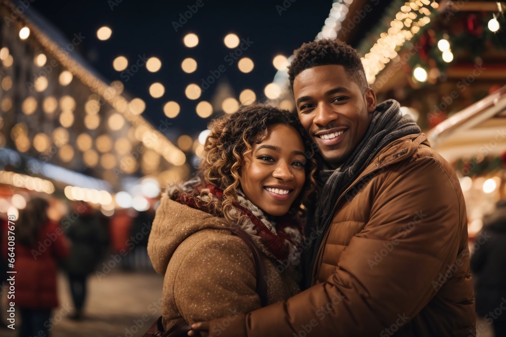 Happy young African American couple smiling at Christmas market, bokeh lights in the background