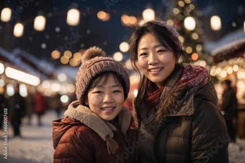Happy Asian family  mother and daughter at Christmas market  bokeh lights in the background