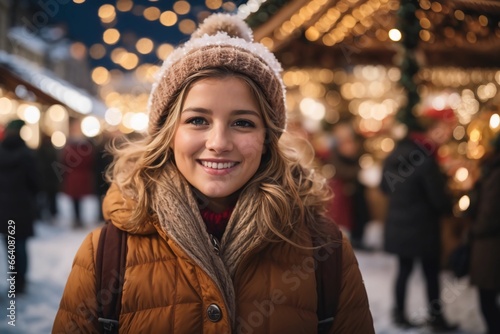 Portrait of cute young caucasian girl at Christmas market, bokeh lights in the background
