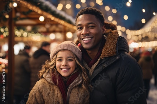 Young interracial couple in festive Christmas market atmosphere with bokeh lights background