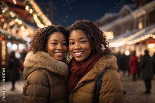 Two young smiling African American women at Christmas market  bokeh lights in the background