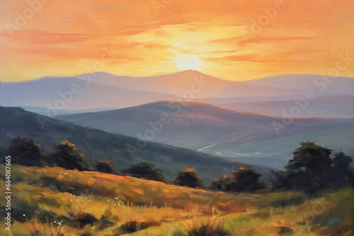 Layers of Tranquility: Small Mountain Landscape in Oil, a Rolling Hills Sunset