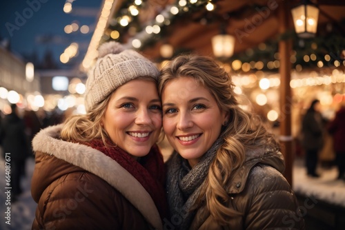 Two young smiling Caucasian women at Christmas market, bokeh lights in the background