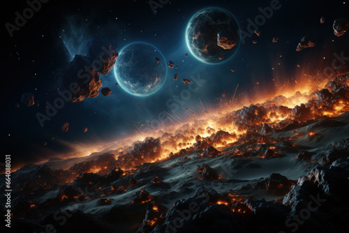 A night sky filled with asteroids heading towards Earth, exemplifying the cosmic hazards we face from space. Concept of asteroid impact risks. Generative Ai.