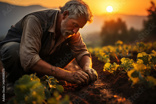 A farmer tilling the fertile soil under the morning sun, cultivating crops for sustenance. Concept of agriculture and food production. Generative Ai.