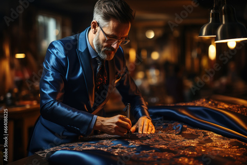 A tailor skillfully sewing a custom-made suit, creating sartorial elegance. Concept of bespoke tailoring. Generative Ai.