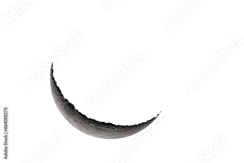 Crescent moon photographed with a telescope, where you can see the craters and the lunar surface, it will soon be a moon landing site