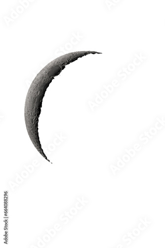 Crescent moon photographed with a telescope, where you can see the craters and the lunar surface, it will soon be a moon landing site