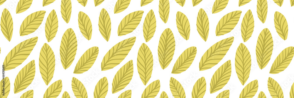 Green leaves on white background, seamless pattern. Simple vector leaf silhouettes, creeper foliage, tiled texture on horizontal banner Green leaves on white background, seamless pattern. Simple vector leaf silhouettes, creeper foliage, tiled texture on horizontal banner