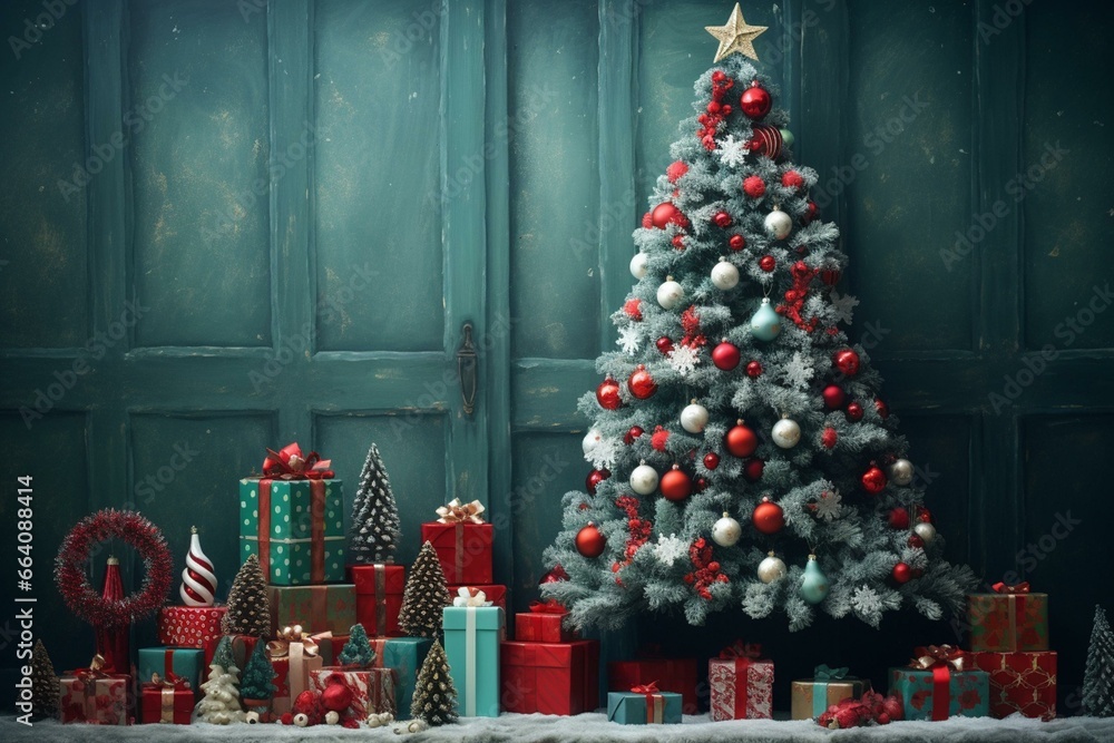 Festive Xmas scene: tree ornaments, gifts, and beautiful holiday backdrop. Generative AI