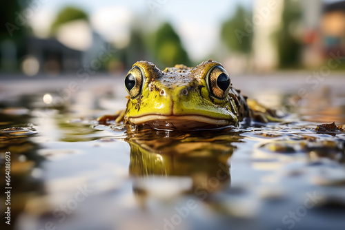 close-up photo of a green frog on wet roadway photo