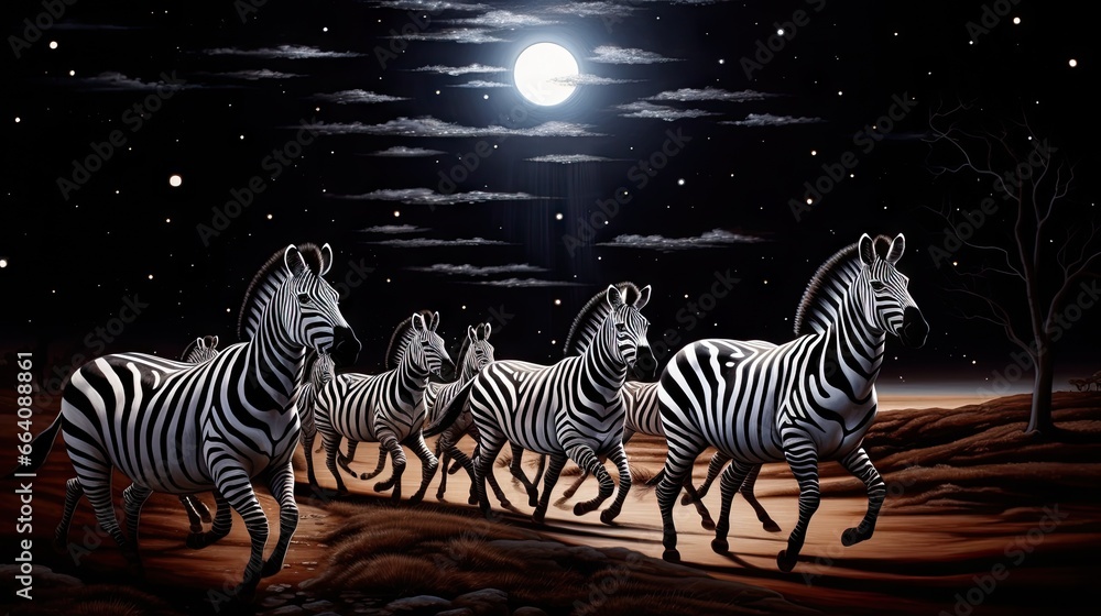 Fototapeta premium a group of zebras walking across a desert under a full moon. generative ai