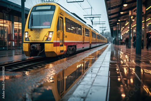 view of a train on a rainy day